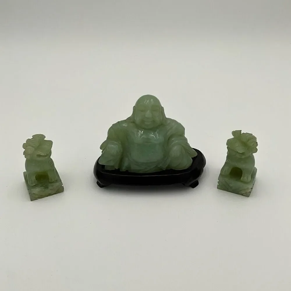 VINTAGE Handcarved Jade Buddha and Foo Dog Lion Statues